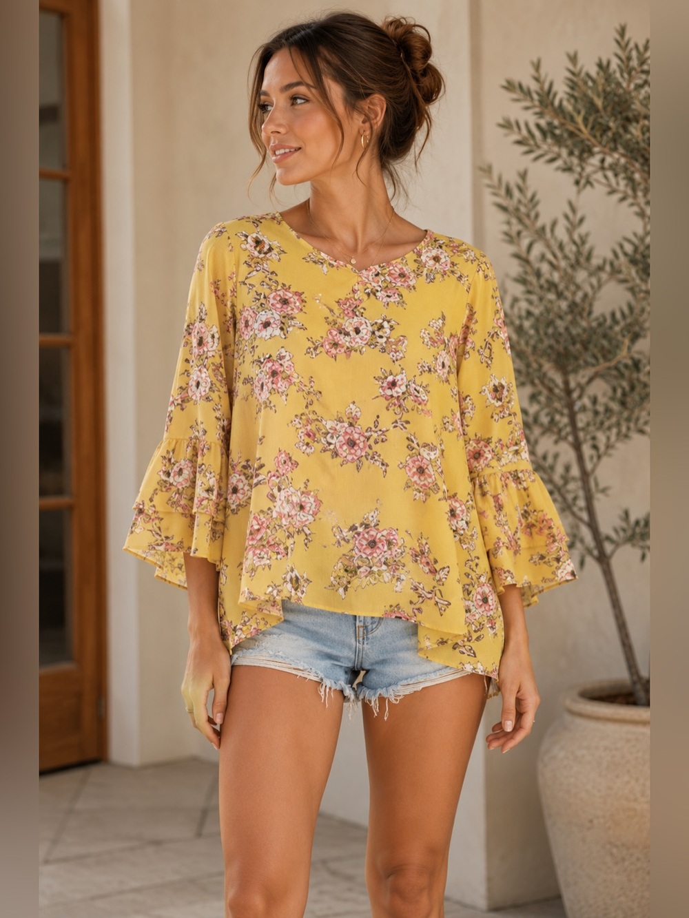 AUW Yellow Floral Tiered Ruffle Sleeve Blouse Size Medium